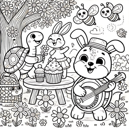 Black and white vector illustration for coloring book with cute animals and cakesの素材