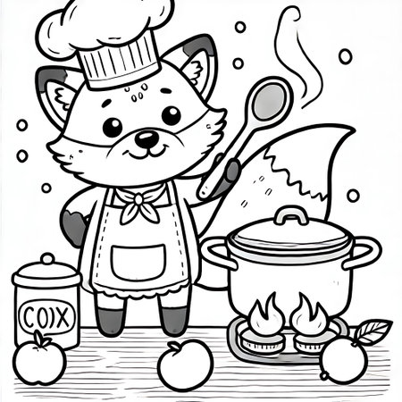 Black and White Cartoon Illustration of Cute Fox Chef Character Cooking Food with a Spoon for Coloring Bookの素材
