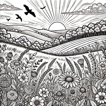 Landscape with meadow and flowers. Black and white illustration.の素材