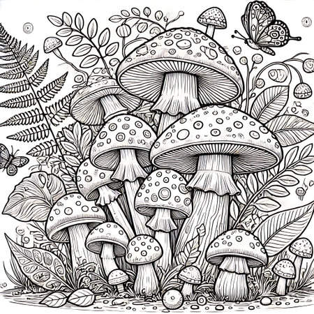 Mushrooms. Black and white vector illustration for coloring book.の素材