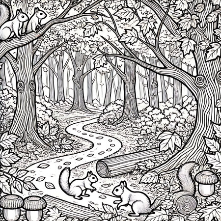 Forest landscape with squirrels, acorns and trees. Black and white vector illustrationの素材