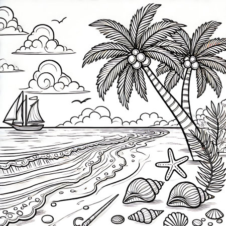 Seascape with palm tree, seashells and sailboatの素材