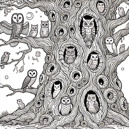 Hand drawn vector illustration of a tree with owls and owlsの素材