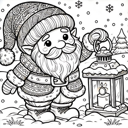 Santa Claus with a lantern in the snow. Coloring book for adults.の素材