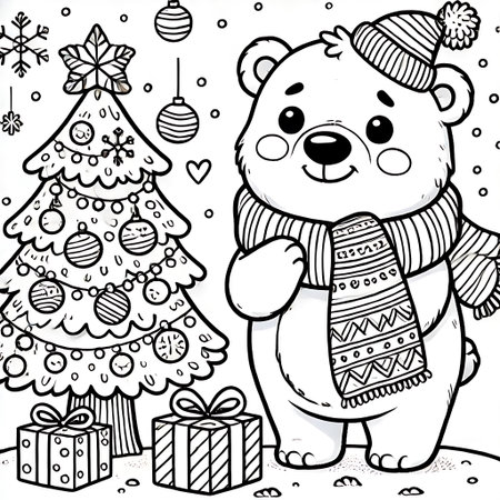 Black and White Cartoon Illustration of Cute Polar Bear Character with Christmas Tree and Gifts for Coloring Bookの素材