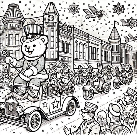 Santa Claus rides a toy car on the background of the Christmas market. Vector illustrationの素材