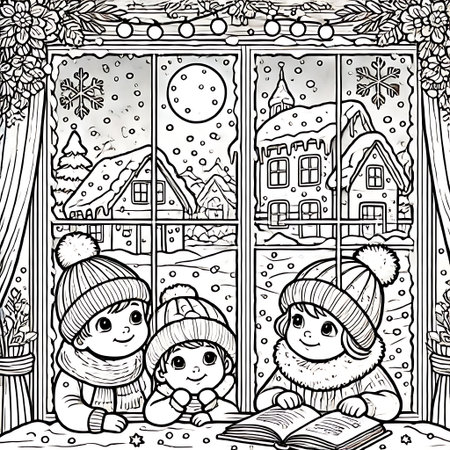 Children in the winter village. Coloring book page for adults.の素材