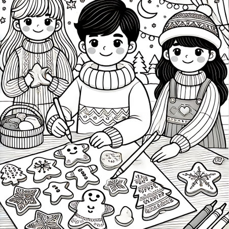 Coloring Page Outline Of Kids Making Christmas Cookies. Vector Illustration.の素材