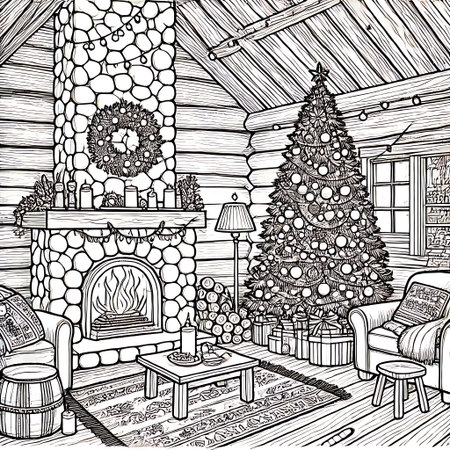 Christmas living room with fireplace, armchair and Christmas tree. Hand drawn sketch vector illustration.の素材