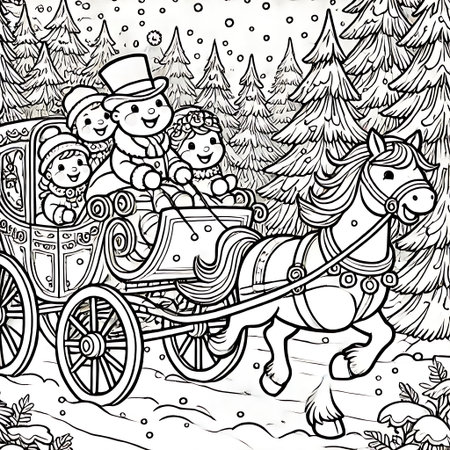 Christmas coloring book for adults. Vector illustration of a happy family with a carriage.の素材