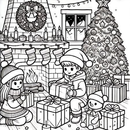 Black and white illustration of a little girl decorating the Christmas treeの素材