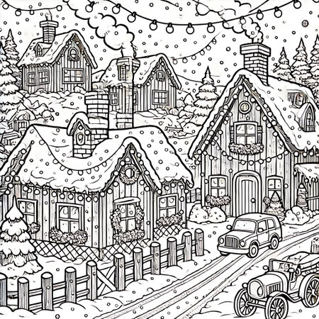 Winter village with houses, cars and snowflakes. Vector illustration.の素材