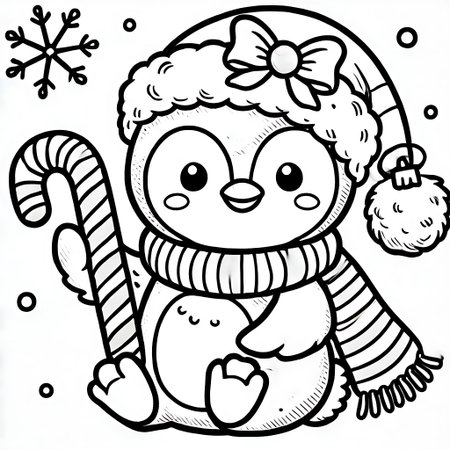 Black and White Cartoon Illustration of Cute Christmas Penguin Character with Candy Cane Coloring Bookの素材