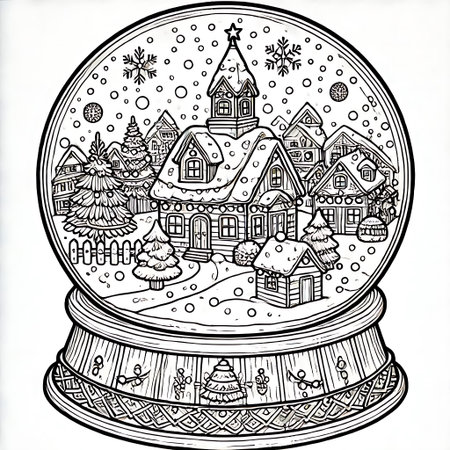 Snow globe with houses and christmas trees, hand drawn vector illustrationの素材