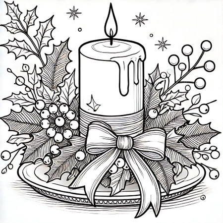 Christmas candle with holly berry and ribbon. Vector illustration.の素材