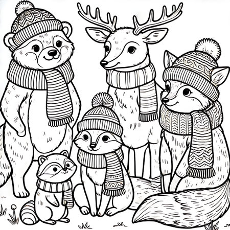 Cute cartoon animals in winter clothes. Vector illustration for coloring book.の素材