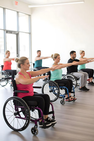 Side view of a woman in a wheelchair practicing yoga in a fitness studioの素材