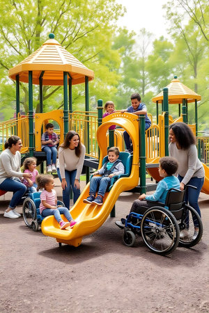 Group of disabled people having fun on the playground in the park.の素材