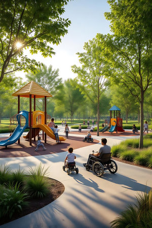 People in a wheelchair playing on a playground in a public park.の素材