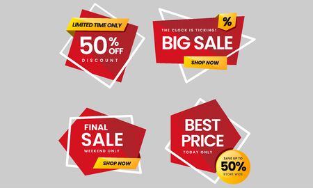 Set of 4 Sale banners in red color with abstract shape. 50% off discount, big sale, final sale and best price for website, banner, advertisements, blog, stickers.Vector Illustration.のイラスト素材