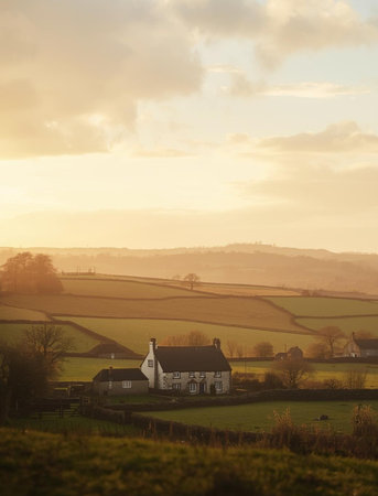 A view of a church in the countryside in the early morning.の素材
