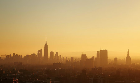 New York City skyline at sunset with urban skyscrapers, USAの素材
