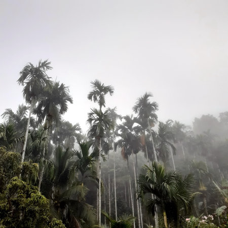 the foggy landscape rises from betel trees, an up-view gray sky with a nature background concept.