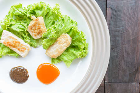 Grill pork with sauce and vegetable in top view