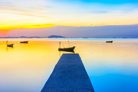 Boat and beach and twilight with long exposureの写真素材