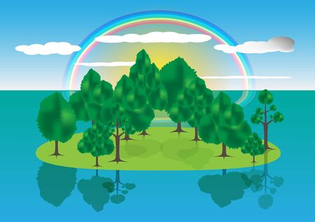 Island and blue sea with rainbow backgroundのイラスト素材