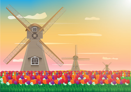 Concept and idea abstract tulip flower and wind turbine background. Flat object flower background. vector EPS10のイラスト素材