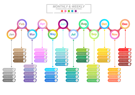 Modern business horizontal timeline process chart infographics template for presentation and workflow layout diagram, web design. Abstract elements of graphic monthly and weekly plan. Vector EPS10のイラスト素材