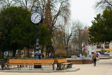 Street clock on three sides. The 3 faced clock. Ukraine. Ternopil