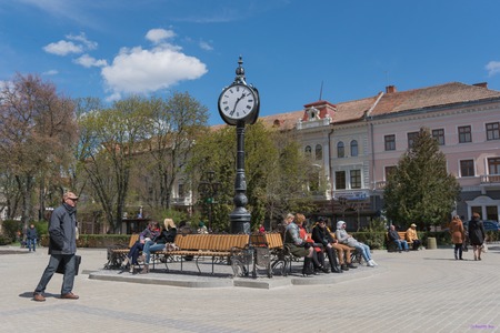 Street tripartite clock with large backlight. Ternopil. Ukraine.のeditorial素材
