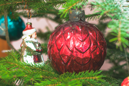 A regular Christmas decoration is a red ball.の写真素材