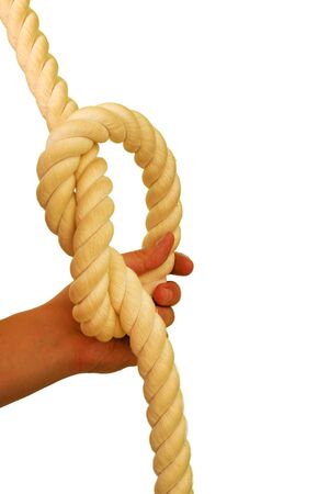 Rope loop in mans hand. Isolated on a whiteの写真素材
