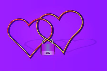 Two hearts with crossed contours in a hinged lock on a violet gradient background.のイラスト素材