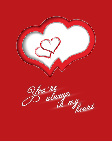 A greeting card with the inscription you're always in my heart bright red with hearts carved on a card with a realistic shade. Vector illustration.のイラスト素材