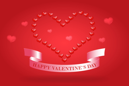 A red hearts and a pink ribbon with the inscription of a happy Valentine's Day on a burgundy background.のイラスト素材