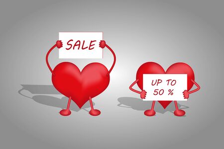 Two hearts hold in the hands of a sign with the sale of a discount of up to 50 percent on a gray backgroundのイラスト素材