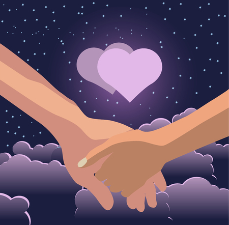 The male and female hand hold together against the background of the sky with clouds and a moon in the form of a heart. Vector illustration.のイラスト素材