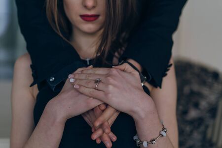 Elegant couple passing in classic clothes. Close up, cut shootの写真素材