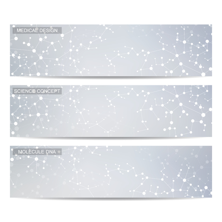 Set of modern science banners. Molecule structure of DNA and neurons. Medicine, science and technolog, business and website templates. Vector illustration for your design.のイラスト素材