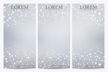 Set of modern vector flyers. Abstract background with molecule structure DNA and neurons. Medicine, science and technology banner, card,web, certificate. Abstract DNA. Vector illustration.のイラスト素材