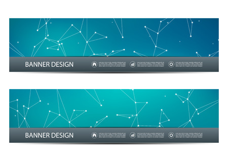 Technological and scientific banners with structure of molecular particles and atom. Polygonal abstract background. Vector illustrationのイラスト素材