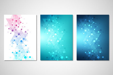Vector template for brochure or cover with molecular structure background and connected lines and dots. Medicine, science and digital technology conceptのイラスト素材
