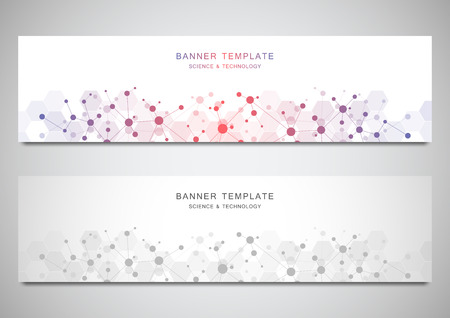 Vector banners and headers for site with molecules background and neural network. Genetic engineering or laboratory research. Abstract geometric texture for medical, science and technology designのイラスト素材