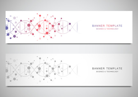 Vector banners and headers for site with DNA strand and molecular structure. Genetic engineering or laboratory research. Abstract geometric texture for medical, science and technology designのイラスト素材