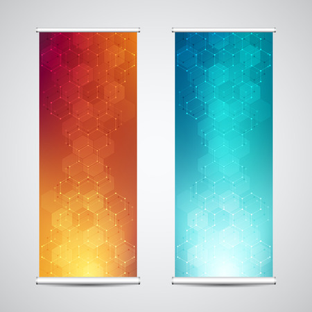 Roll up banner stands with abstract geometric background of hexagons pattern. Hi-tech digital background. Vector illustration for technological or scientific modern designのイラスト素材