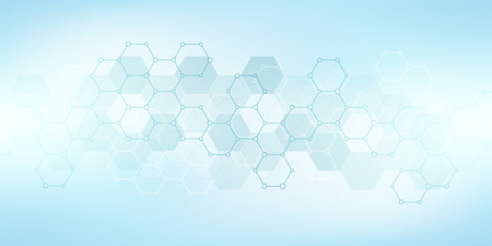 Geometric abstract background with hexagons elements. Medical background texture for modern design. Vector illustration of molecular structures and hexagons pattern. Science and Technology conceptのイラスト素材